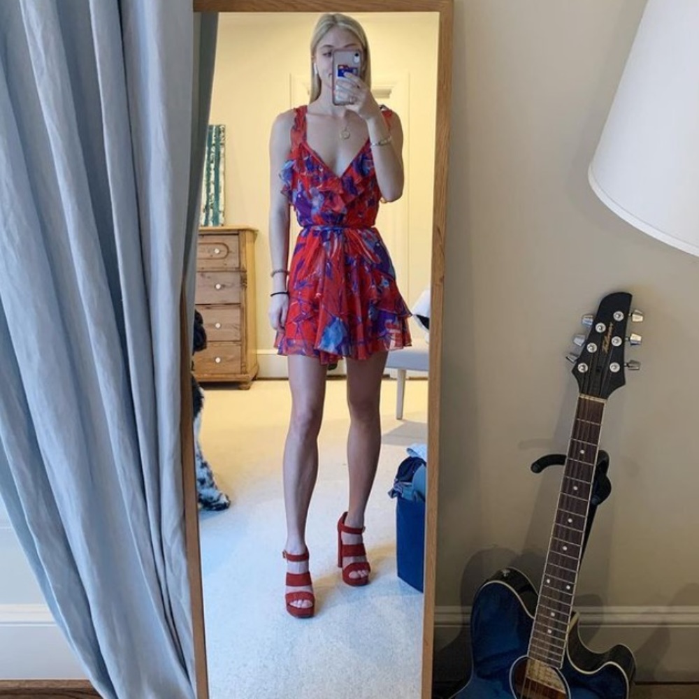 Red floral open back flowy dress